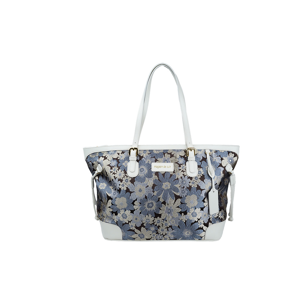 Magasin de Cuir: Silk and genuine cowhide tote bag - Gray x White