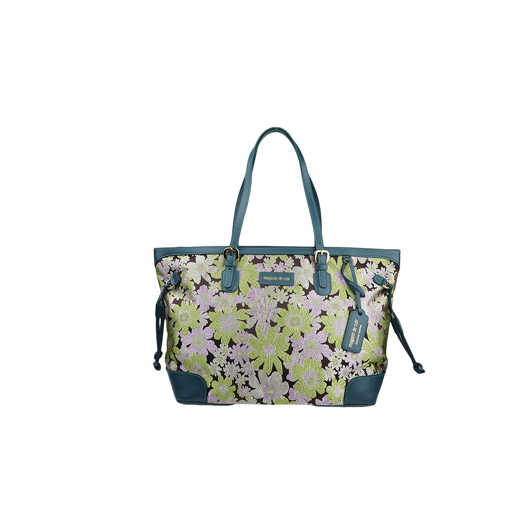 Magasin de Cuir: Silk and genuine cowhide tote bag - Pink x Green