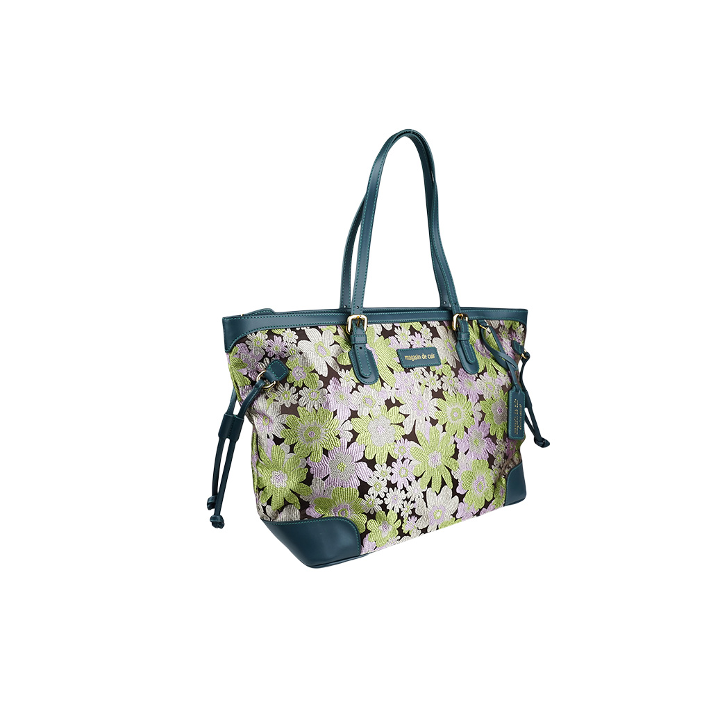 Magasin de Cuir: Silk and genuine cowhide tote bag - Pink x Green