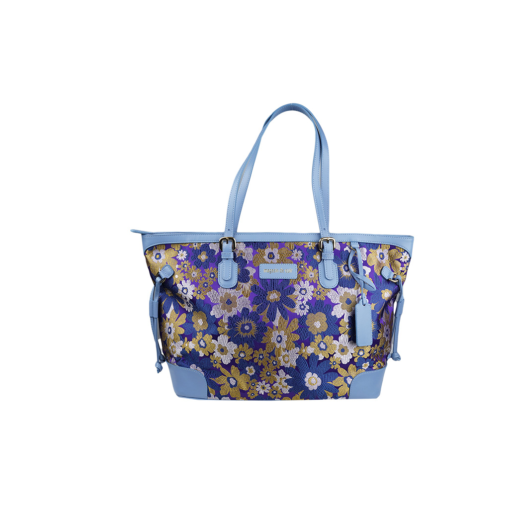 Magasin de Cuir: Silk and genuine cowhide tote bag - Purple x Blue Gray